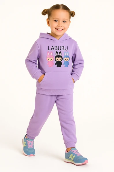 ESİLA KİDS Kız Çocuk Eşofman Takımı Labubu Takım Kapüşonlu Baskılı Sweatshirt ve Pantolon