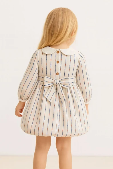 ESİLA KİDS Kız Çocuk Elbise Brode Yakalı Çizgili Balon Etek Elbise Uzun Kollu Kuşaklı 3-7 Yaş - Resim 4