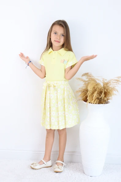 ESİLA KİDS Kız Çocuk Takım Polo Yaka Çiçek Desenli Kemerli Pileli Etek 2’li Takım Yazlık Kombin 4-8 yaş - 12