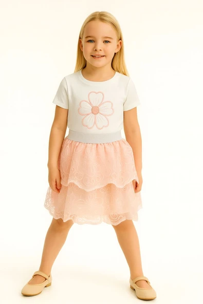 ESİLA KİDS Kız Çocuk Takım Çiçek Nakışlı Tişört ve Kat Kat Dantel Etekli ürün görseli