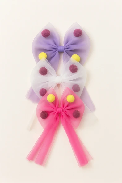 ESİLA KİDS Kız Çocuk Toka Renkli Ponponlu Tül Fiyonk Lastikli Toka 3 'lü Set - 3