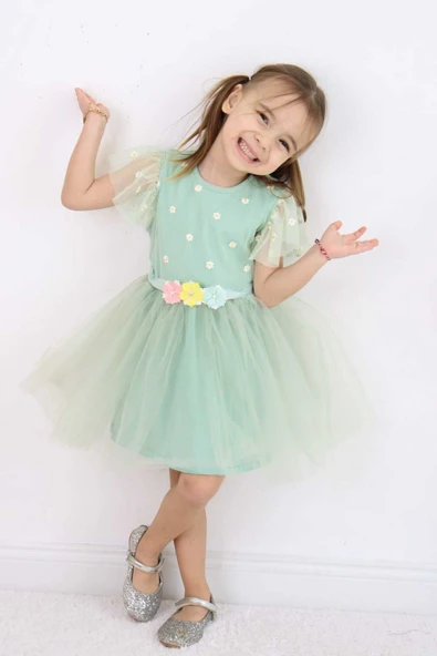 ESİLA KİDS Kız Çocuk Elbise Kemerli Kolu Fırfırlı Tüllü Elbise Astarı Penye Özel Günler Için 2-6 Yaş - Resim 11