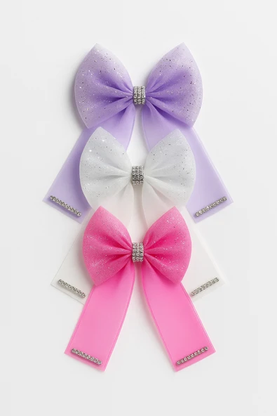 ESİLA KİDS Kız Çocuk Toka Simli Taşlı Tül Fiyonk Toka 3'lü Set Renkli ve Parlak Tasarım - 3