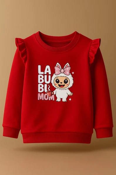 ESİLA KİDS Kız Çocuk Takım Pembe Labubu Baskılı Fırfırlı Sweatshirt ve Eşofman Altı Takım 5-8 yaş - Resim 8