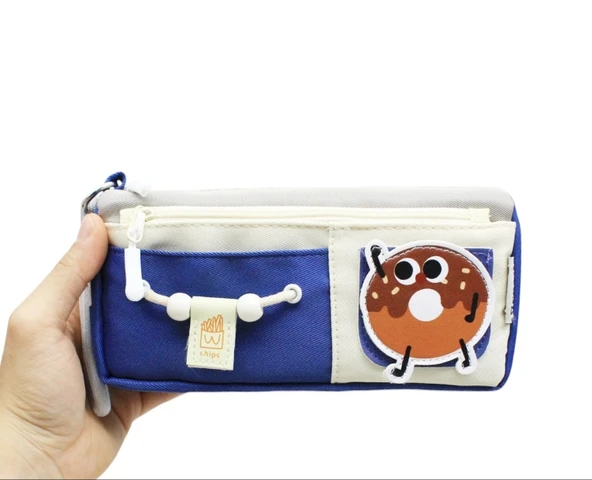 Yescholar Kore Tarzı İki Gözlü Stickerlı Kumaş Mavi-Gri Kalem Çantası - Resim 2