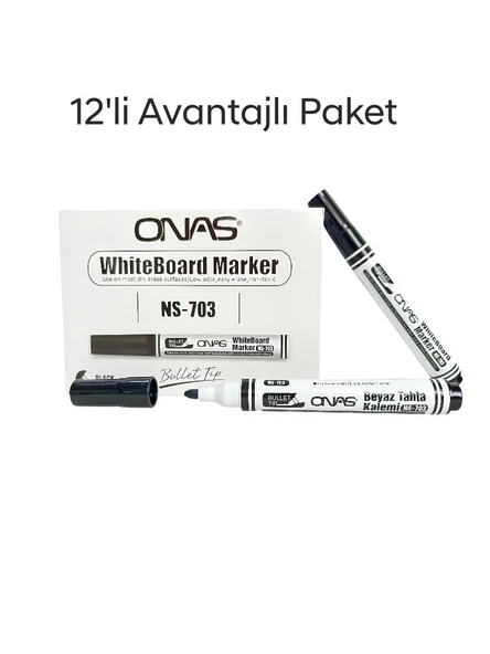 Mikro NS-703 Yuvarlak Uç Beyaz Yazı Tahta Kalemi Siyah 12 li Set