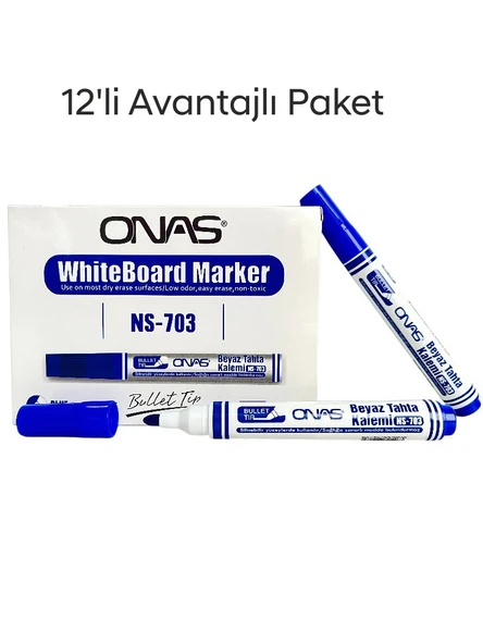 Mikro NS-703 Yuvarlak Uç Beyaz Yazı Tahta Kalemi Mavi 12 li Set