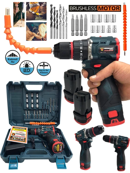 Germany Style 8014 Kömürsüz Darbeli Şarjlı Matkap Lion Armut Batarya Metal Şanzıman Çift Akülü Vidalama Setli