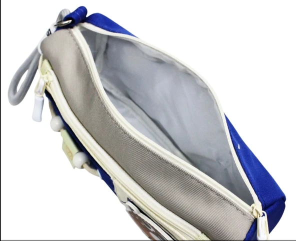 Yescholar Kore Tarzı İki Gözlü Stickerlı Kumaş Mavi-Gri Kalem Çantası - Resim 6