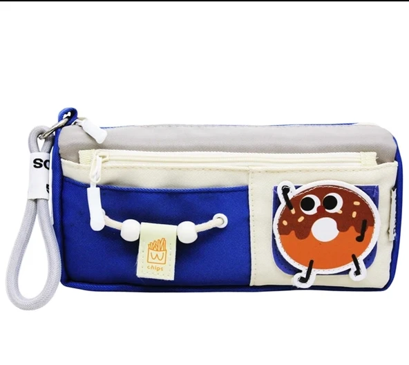 Yescholar Kore Tarzı İki Gözlü Stickerlı Kumaş Mavi-Gri Kalem Çantası ürün görseli