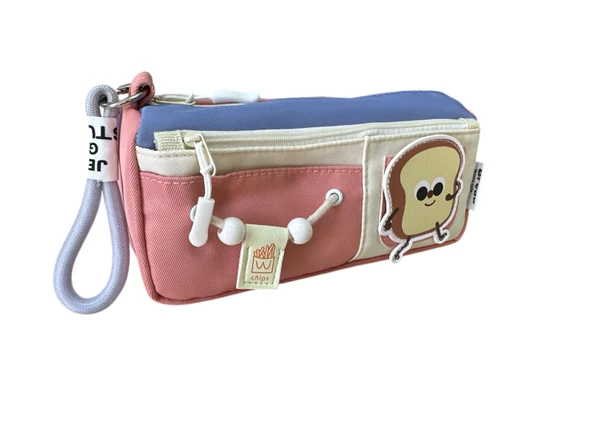 Yescholar Kore Tarzı İki Gözlü Stickerlı Kumaş Pembe-Mavi Kalem Çantası - 3