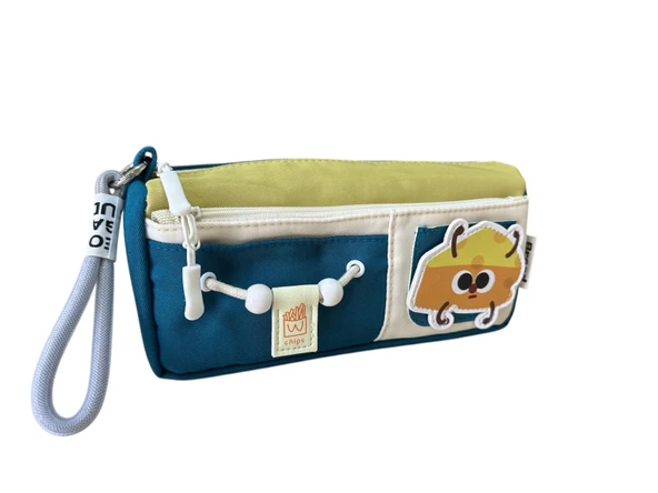 Yescholar Kore Tarzı İki Gözlü Stickerlı Kumaş Lacivert-Hardal Kalem Çantası - Resim 2