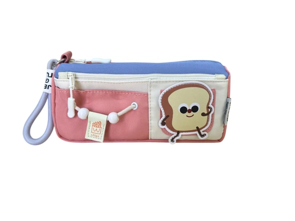 Yescholar Kore Tarzı İki Gözlü Stickerlı Kumaş Pembe-Mavi Kalem Çantası