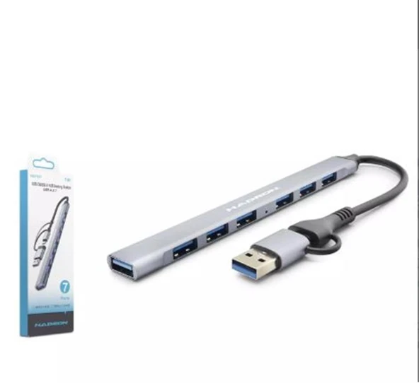 Hadron Hdx7857 Usb + Type-C Hub 7In1 1-Usb3.0 6-Usb2.0 Gri ürün görseli