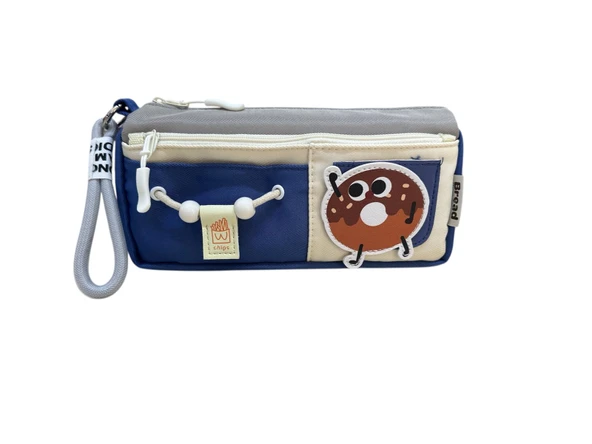 Yescholar Kore Tarzı İki Gözlü Stickerlı Kumaş Mavi-Gri Kalem Çantası - Resim 3