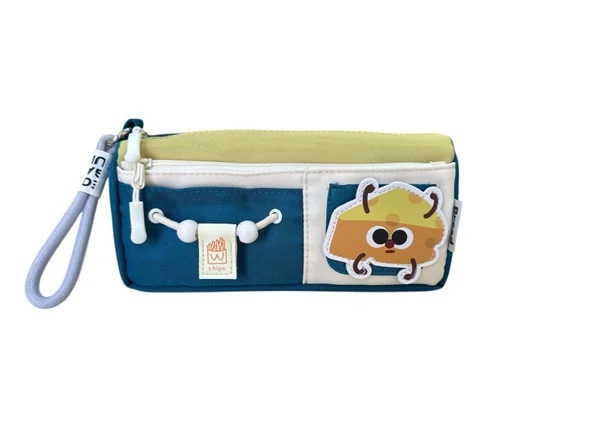 Yescholar Kore Tarzı İki Gözlü Stickerlı Kumaş Lacivert-Hardal Kalem Çantası ürün görseli