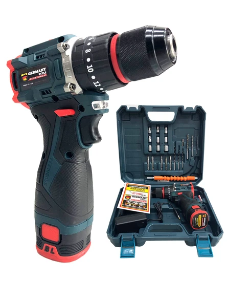 Germany Style 8014 Kömürsüz Darbeli Şarjlı Matkap Lion Armut Batarya Metal Şanzıman Çift Akülü Vidalama Setli - 3