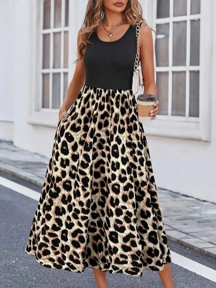 Kadın Askılı Yuvarlak Yaka üst Viskon Alt Leopar Desenli Süprem Uzun Elbise ürün görseli