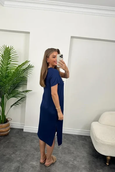 Kadın Kısa Kollu Yırtmaç Detaylı Salaş Viskon Elbise - Resim 6