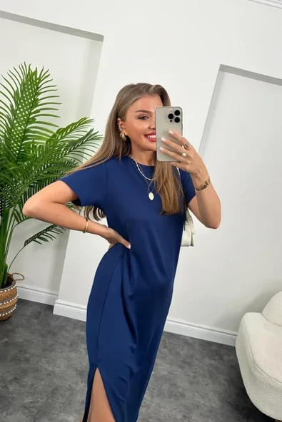 Kadın Kısa Kollu Yırtmaç Detaylı Salaş Viskon Elbise - Resim 10