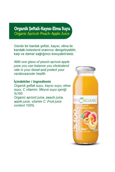 Benorganic BEN ORGANİC KAYISI & ŞEFTALİ & ELMA SUYU 250 ML - Resim 2