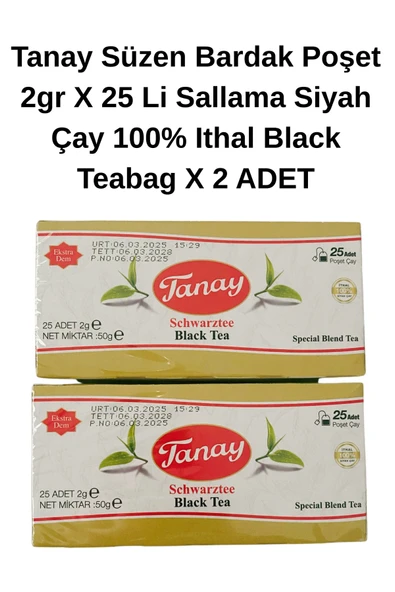 Tanay Süzen Bardak Poşet 2gr X 25 Li Sallama Siyah Çay 100% ithal Black Teabag x 2 ADET - 2
