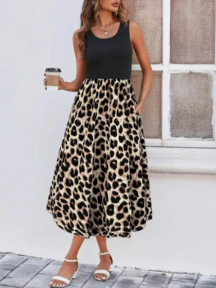 Kadın Askılı Yuvarlak Yaka üst Viskon Alt Leopar Desenli Süprem Uzun Elbise - Resim 4