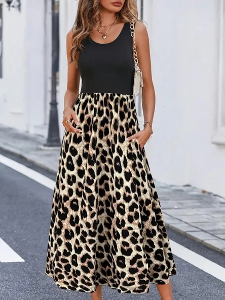 Kadın Askılı Yuvarlak Yaka üst Viskon Alt Leopar Desenli Süprem Uzun Elbise - Resim 3