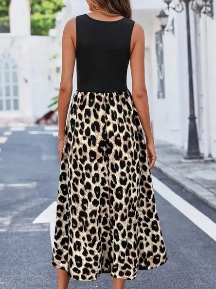 Kadın Askılı Yuvarlak Yaka üst Viskon Alt Leopar Desenli Süprem Uzun Elbise - Resim 2