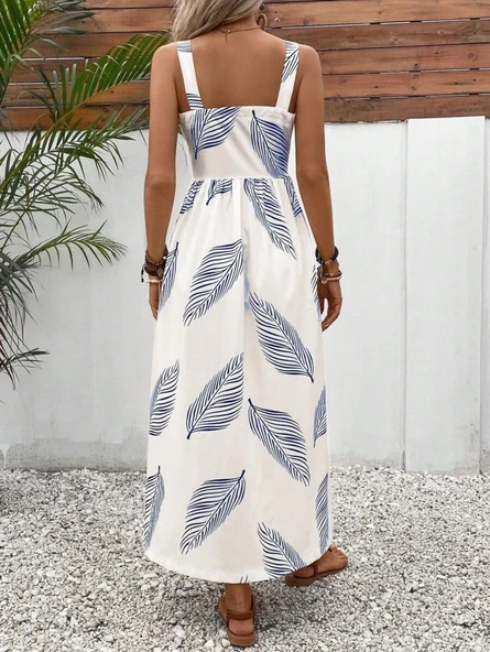 Kadın Askılı önden Düğmeli Yaprak Desenli Uzun Süprem Elbise - Resim 6