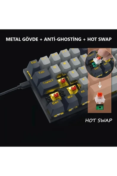 Mini T9 Türkçe Q Mekanik Klavye Red Switch Gamer Oyuncu Klavyesi - Resim 5