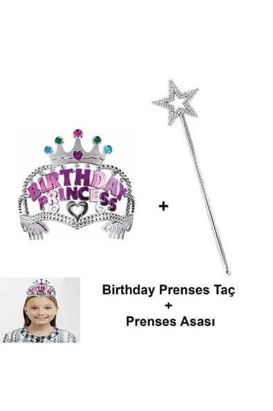 Kız Çocuk Prenses Tacı Yıldız Peri Asası Set Gümüş Birthday Yazılı Taç Sihirli Asa Doğum Günü Seti - 5