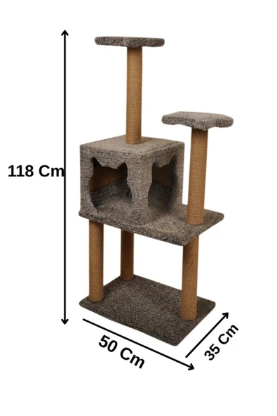 Pribor Üç Katlı Yuvalı Lüx Kedi Tırmalama Platformu ve Kedi Oyun Evi Gri 118 cm - 1