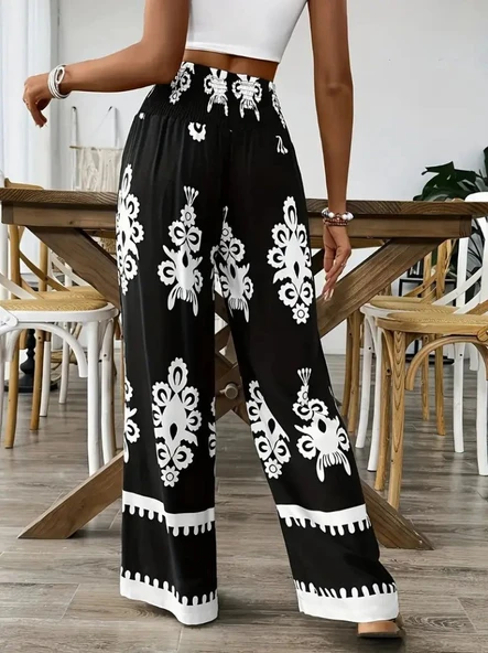 Kadın Yüksek Bel Büzgülü Etnik Desen Baskılı Süprem Pantolon - 3