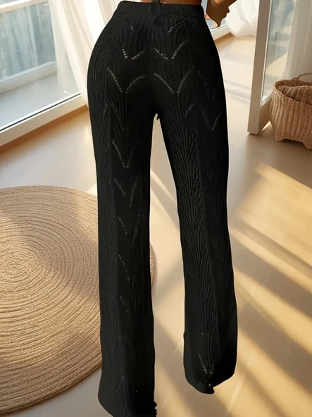 Kadın Yüksek Bel Bağcıklı Desenli Triko Plaj Pantolon - Resim 2