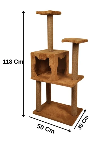 Pribor Üç Katlı Yuvalı Lüx Kedi Tırmalama Platformu ve Kedi Oyun Evi Kahverengi 118 cm - 1