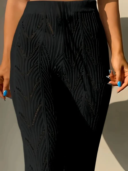 Kadın Yüksek Bel Bağcıklı Desenli Triko Plaj Pantolon - Resim 3