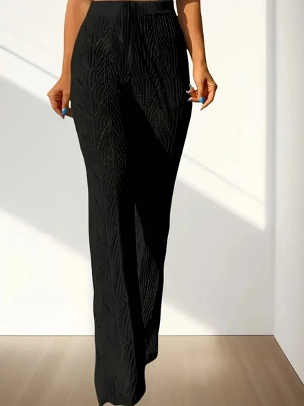 Kadın Yüksek Bel Bağcıklı Desenli Triko Plaj Pantolon ürün görseli