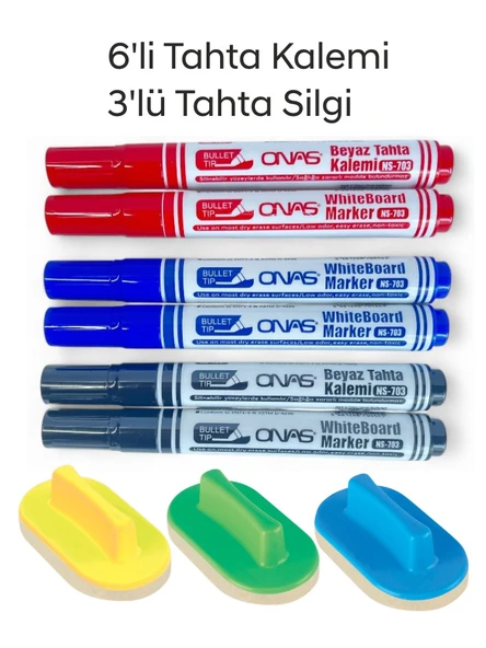 Mikro NS-703 Yuvarlak Uç Beyaz Yazı Tahta Kalemi 6 lı Set Kraf 575G Tahta Silgisi 3 lü Set