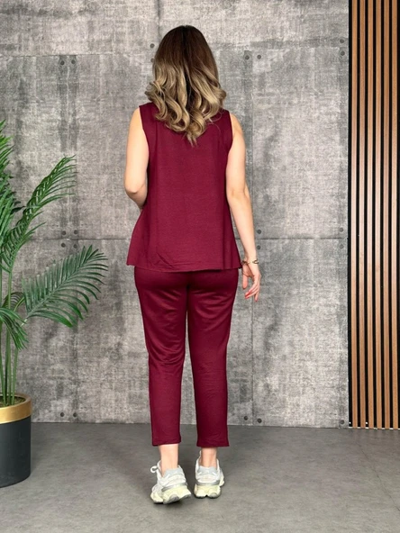 Kadın Askılı Yuvarlak Yaka Viskon Iki Iplik Bluz Ve Eşofman Altı Ikili Takım - Resim 4