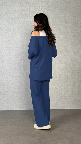 Kadın Kısa Kollu Omuzlardan Açık Yarasa Kollu Bürümcük Bluz Ve Pantolon Ve Viskon Atlet - Resim 3