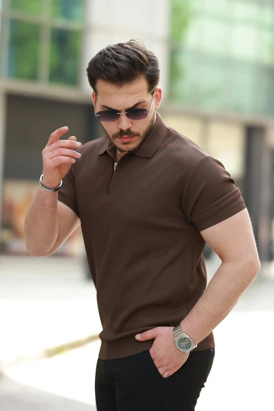 Erkek Fermuarlı Yakalı Kısa Kollu Tshirt - Resim 2