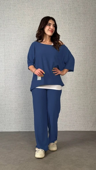 Kadın Kısa Kollu Omuzlardan Açık Yarasa Kollu Bürümcük Bluz Ve Pantolon Ve Viskon Atlet - Resim 2