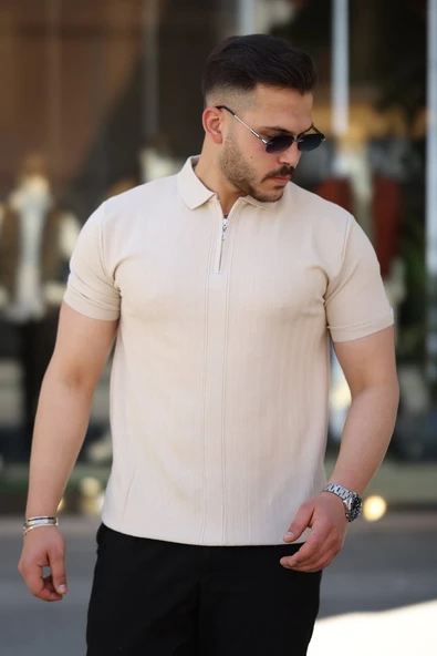 Erkek Yakası Fermuarlı Kısa Kollu T-shirt - 1
