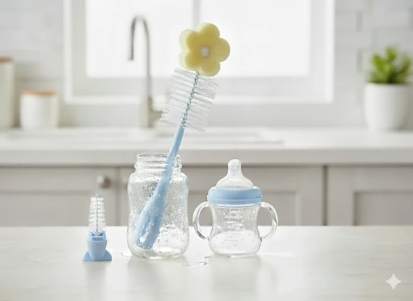 Bebedor Yeni Sünger Uçlu Biberon ve Emzik Temizleme Fırçası Mavi 575 - 2