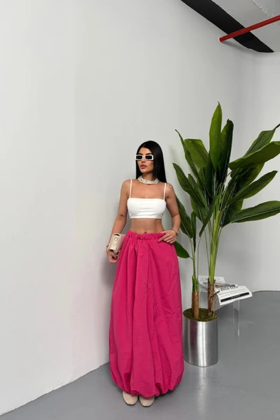 BEL LASTİKLİ BALON ETEK ŞANEL BOY SOFT KUMAŞ - Fuşya ürün görseli