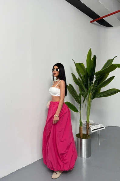 BEL LASTİKLİ BALON ETEK ŞANEL BOY SOFT KUMAŞ - Fuşya - Resim 3