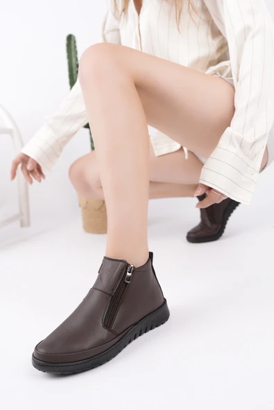 Muggo FENİKS Hakiki Deri Çift Fermuarlı Kadın Bot - 6