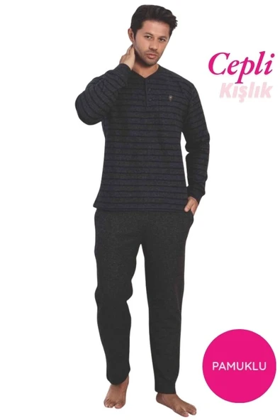 Erkek 3 Düğme Çizgili Kışlık Pamuklu Selanik Kumaş Uzun Manşetli Kol Cepli Pijama Takımı