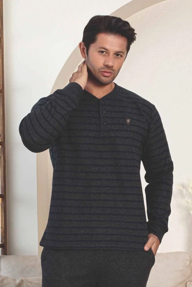 Erkek 3 Düğme Çizgili Kışlık Pamuklu Selanik Kumaş Uzun Manşetli Kol Cepli Pijama Takımı - 3